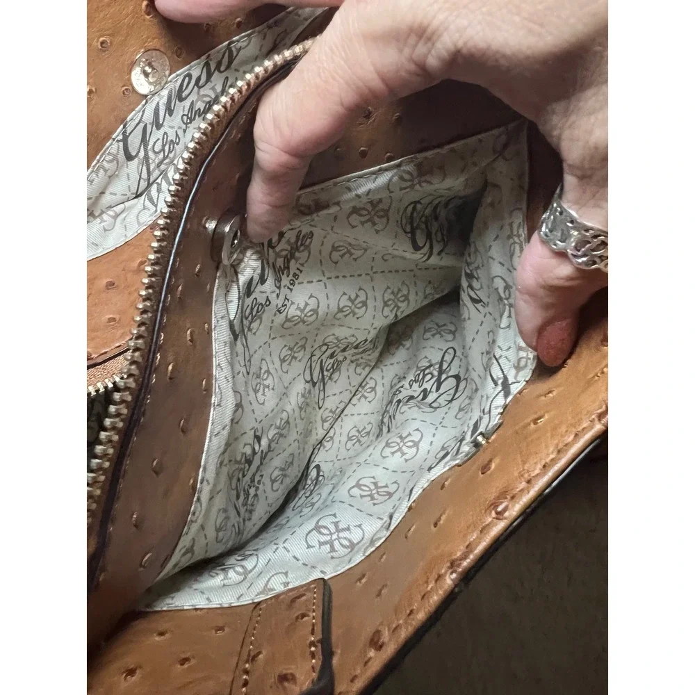 Guess 1981 faux Ostrich Embossed Satchel Crossbody Purse Brown Handle Handbag